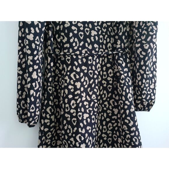 Nic & Jo Black Tan Cheetah Print Self Tie Wrap Around LS Casual Dress M - Picture 8 of 12